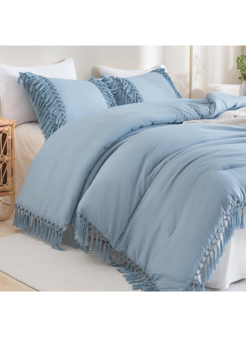 Andency Andency Grayish Blue Comforter Set King  3 Pieces Boho Tassel Lightweight Soft Bedding Comforter Sets for King Bed  All Season Fluffy Fringe Bed Set (104x90In Comforter & 2 Pillowcases)  - Image 4