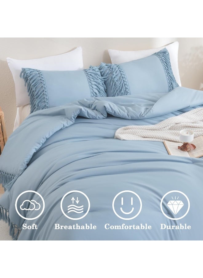 Andency Grayish Blue Comforter Set King  3 Pieces Boho Tassel Lightweight Soft Bedding Comforter Sets for King Bed  All Season Fluffy Fringe Bed Set (104x90In Comforter & 2 Pillowcases)