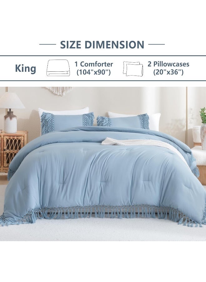 Andency Grayish Blue Comforter Set King  3 Pieces Boho Tassel Lightweight Soft Bedding Comforter Sets for King Bed  All Season Fluffy Fringe Bed Set (104x90In Comforter & 2 Pillowcases)