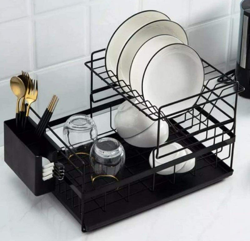 Raawan 2 Tier Dish Rack Kitchen Dish Rack Drainer 2 Layers Detachable Stainless Steel Dish Rack,Dish Drainer for Kitchen Sink Organizer Utensil Holder Cup Holder (Black) (Black) - Image 1