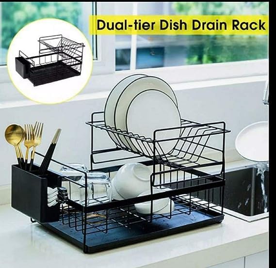 Raawan 2 Tier Dish Rack Kitchen Dish Rack Drainer 2 Layers Detachable Stainless Steel Dish Rack,Dish Drainer for Kitchen Sink Organizer Utensil Holder Cup Holder (Black) (Black) - Image 4