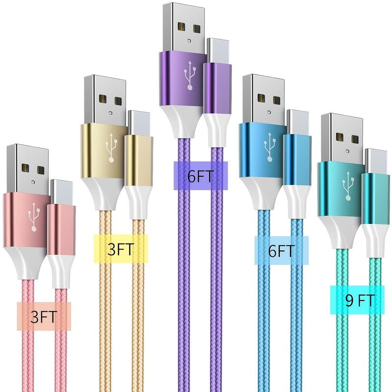 5 قطع كابل شحن سريع مضفر من USB A إلى USB C متوافق مع iPhone 15 16 Pro Max وجوجل بيكسل وهواوي وسوني إكسبيريا وموتورولا - Image 1