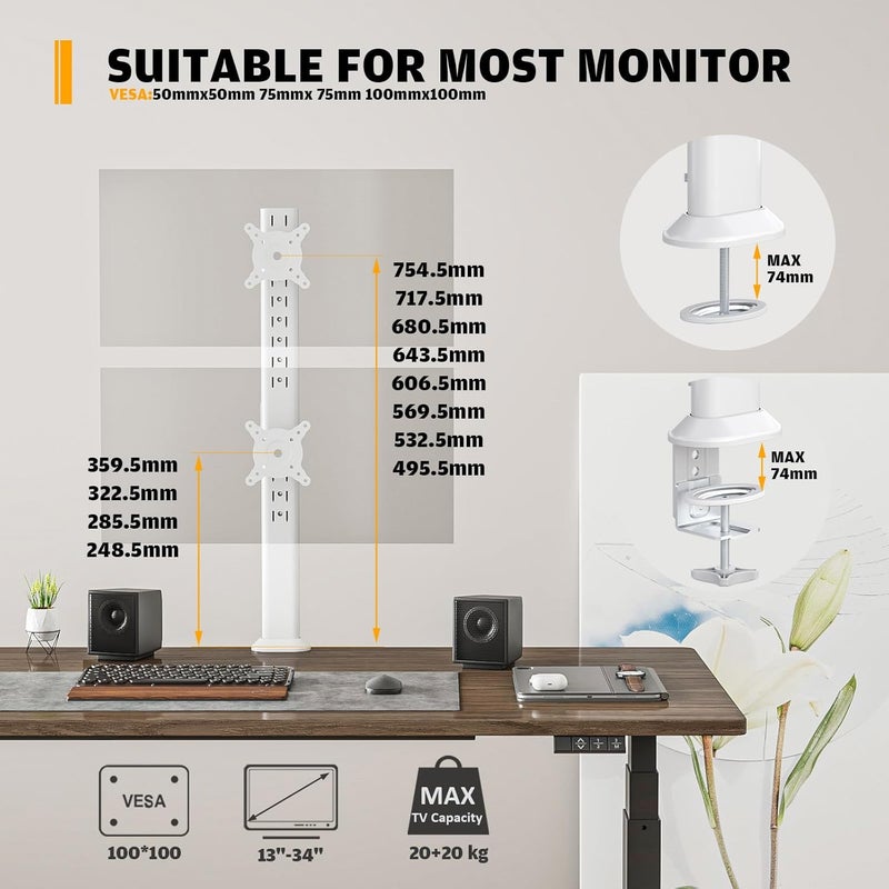 Hemudu Dual Monitor Articulating Desk Mount Arm Stand - Vertical Stack Screen Supports Two 13 to 34 Inch Computer Monitors with C Clamp White - Image 5