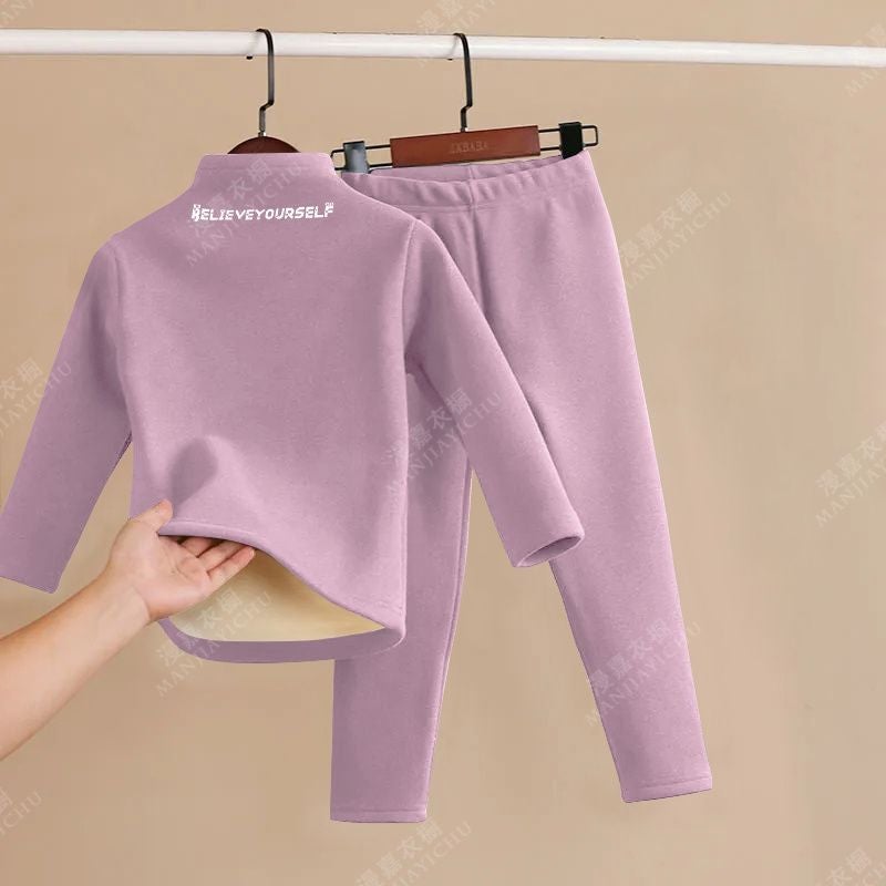 Childrens Thermal Underwear fleece-lined Thickened suit Middle and Big Children Boys Girls Warm Base Heating Autumn Clothes Autumn Pants Winter Purple letters el [q3 set] 