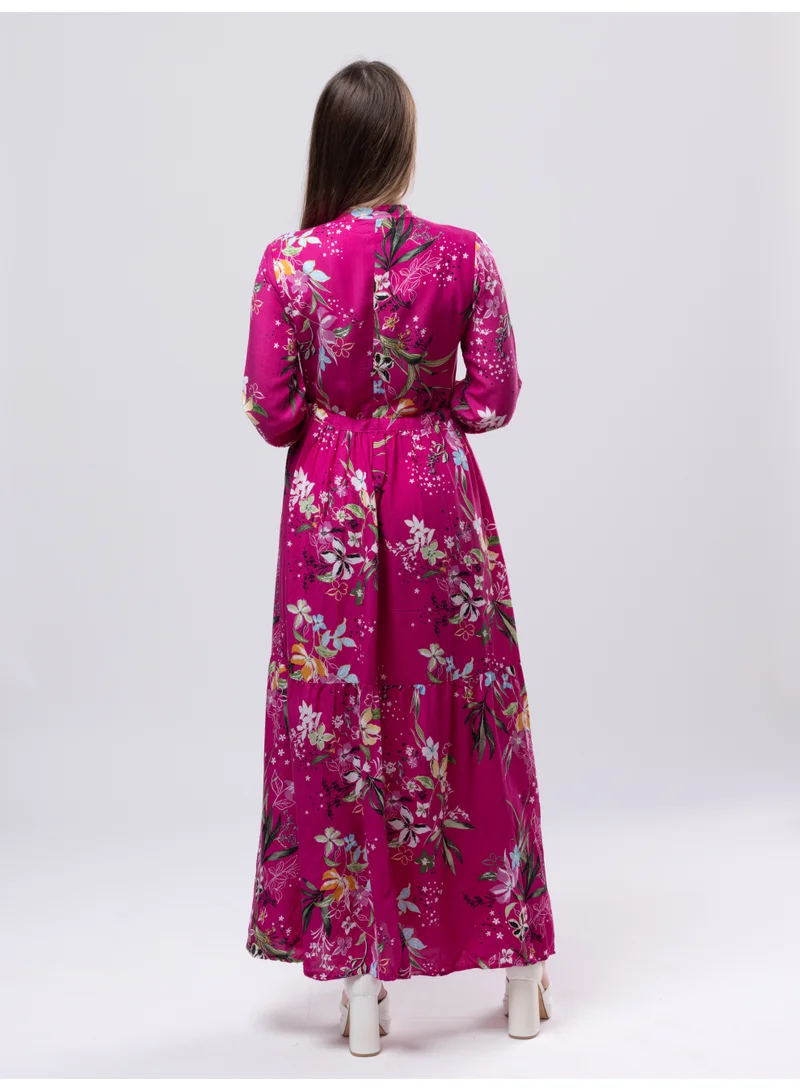 Fashonara Fuchsia Cotton Fuschia Pink Long Sleeved Full Length Dress for Women | Best Price UAE
