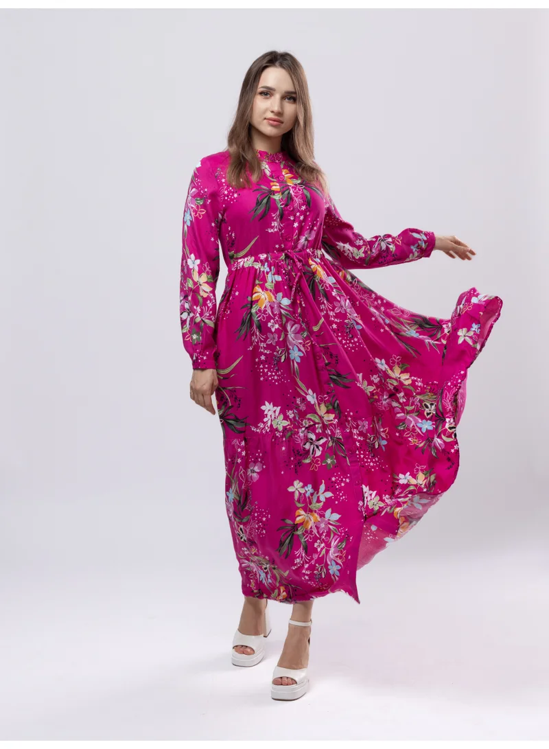 Fashonara Fuchsia Cotton Fuschia Pink Long Sleeved Full Length Dress for Women | Best Price UAE