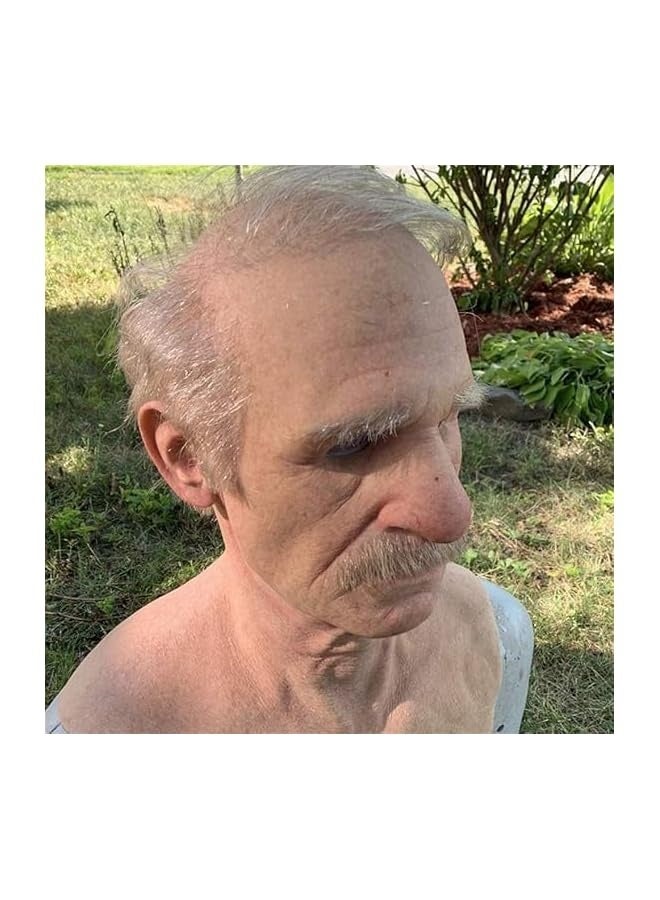 Halloween Realistic Old Man Mask Bald Man Latex Mask Realistic Face Mask Halloween Party Cosplay Party Costume Mask, Old Grandpa Shaped Latex Headgear with Wig, Realistic Latex Mask  - Image 3