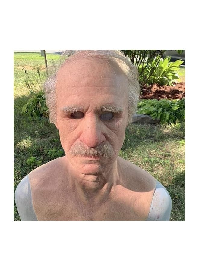 Halloween Realistic Old Man Mask Bald Man Latex Mask Realistic Face Mask Halloween Party Cosplay Party Costume Mask, Old Grandpa Shaped Latex Headgear with Wig, Realistic Latex Mask  - Image 2