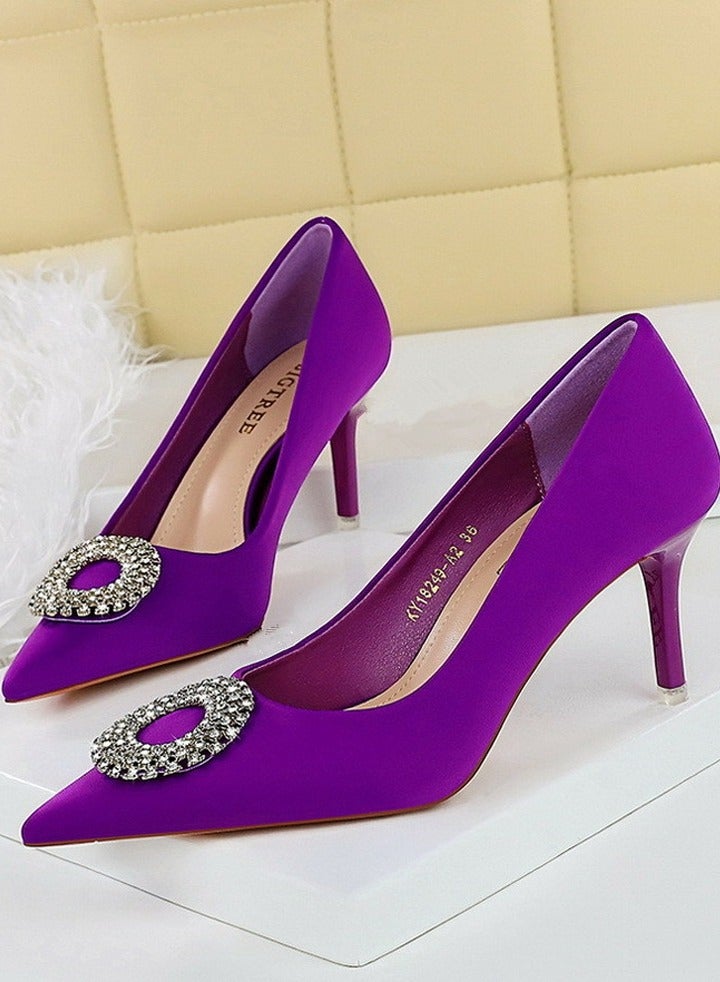 بيج تري المرأة مغلقة أشارت إصبع القدم مضخة الراينست جولة مشبك ديكور الكعب العالي الأرجواني 7.5CM - Image 1