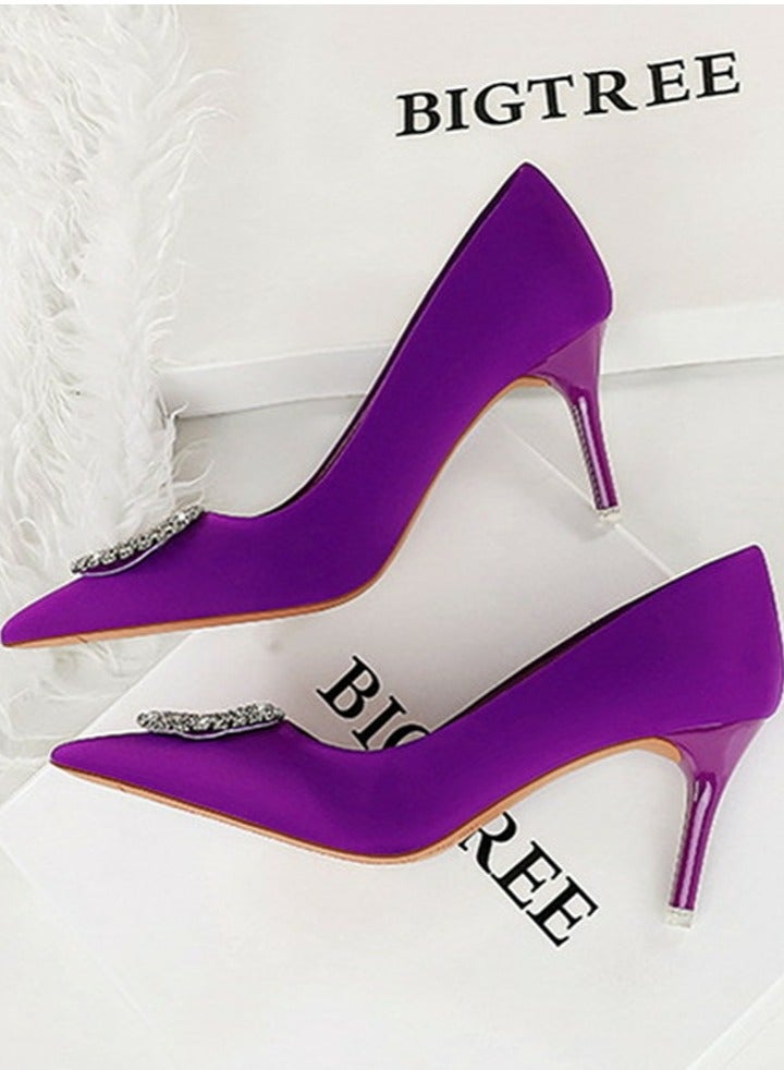 بيج تري المرأة مغلقة أشارت إصبع القدم مضخة الراينست جولة مشبك ديكور الكعب العالي الأرجواني 7.5CM - Image 3