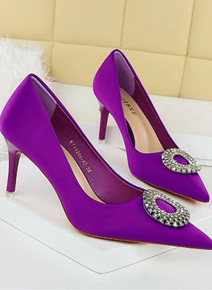 بيج تري المرأة مغلقة أشارت إصبع القدم مضخة الراينست جولة مشبك ديكور الكعب العالي الأرجواني 7.5CM - Image 2