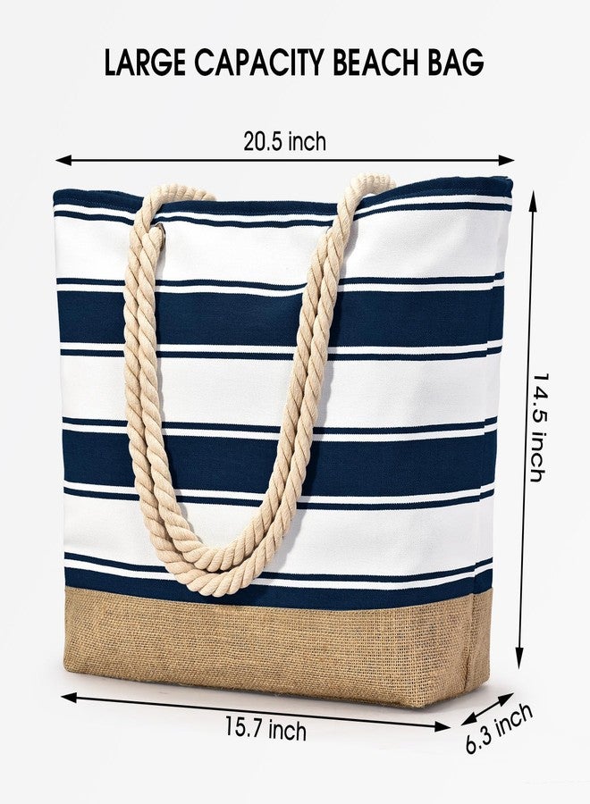 Becokan Beach Bags for Women Large Canvas Beach Tote Bag Beach Bags Waterproof Sandproof Swim Pool Bag Travel Essentials, Dark Blue Stripe, Large - Image 5
