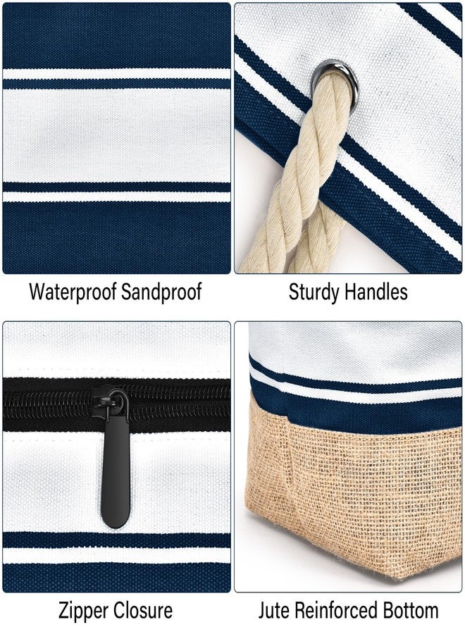 Becokan Beach Bags for Women Large Canvas Beach Tote Bag Beach Bags Waterproof Sandproof Swim Pool Bag Travel Essentials, Dark Blue Stripe, Large - Image 4