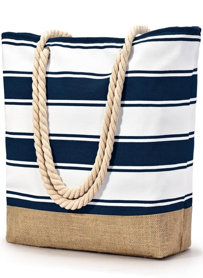 Becokan Beach Bags for Women Large Canvas Beach Tote Bag Beach Bags Waterproof Sandproof Swim Pool Bag Travel Essentials, Dark Blue Stripe, Large - Image 1
