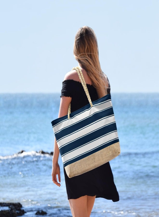Becokan Beach Bags for Women Large Canvas Beach Tote Bag Beach Bags Waterproof Sandproof Swim Pool Bag Travel Essentials, Dark Blue Stripe, Large - Image 2