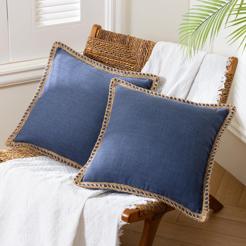 Phantoscope Pack of 2 Farmhouse Decorative Solid Throw Decorative Pillow Cover Burlap Linen Trimmed Tailored Edges Navy Blue 18 x 18 inches 45 x 45 cm