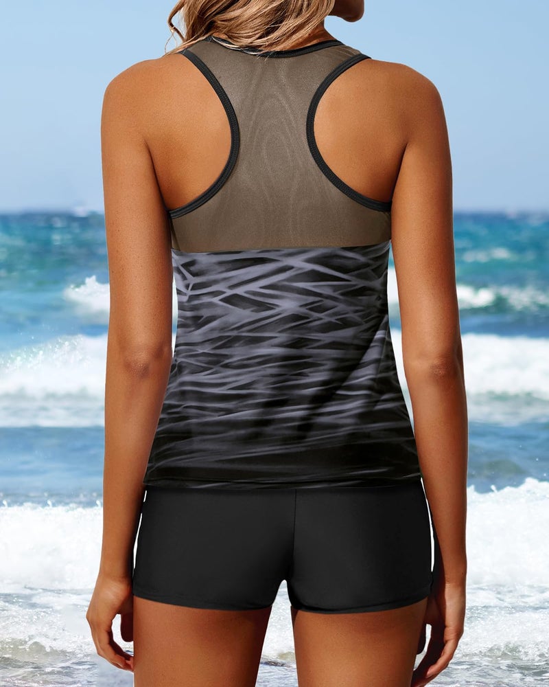 Yonique Tankini Swimsuits for Women with Shorts Athletic Two Piece Bathing Suits Racerback Tank Tops Swimwear Gray Gradient M - Image 2