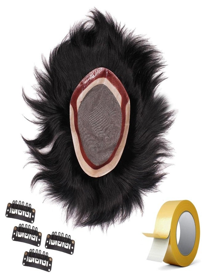 غلان شعر مستعار من GLAN، قطع شعر بشري، أنظمة استبدال الشعر للرجال والفتيان لتغطية مناطق الصلع بشريط أصفر صغير ومشابك تمديد، لون بني أسود طبيعي، عبوة من قطعة واحدة (رقعة أحادية الخيوط، 10 × 7). - Image 1