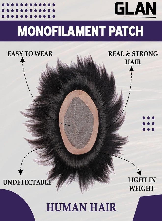 غلان شعر مستعار من GLAN، قطع شعر بشري، أنظمة استبدال الشعر للرجال والفتيان لتغطية مناطق الصلع بشريط أصفر صغير ومشابك تمديد، لون بني أسود طبيعي، عبوة من قطعة واحدة (رقعة أحادية الخيوط، 10 × 7). - Image 3