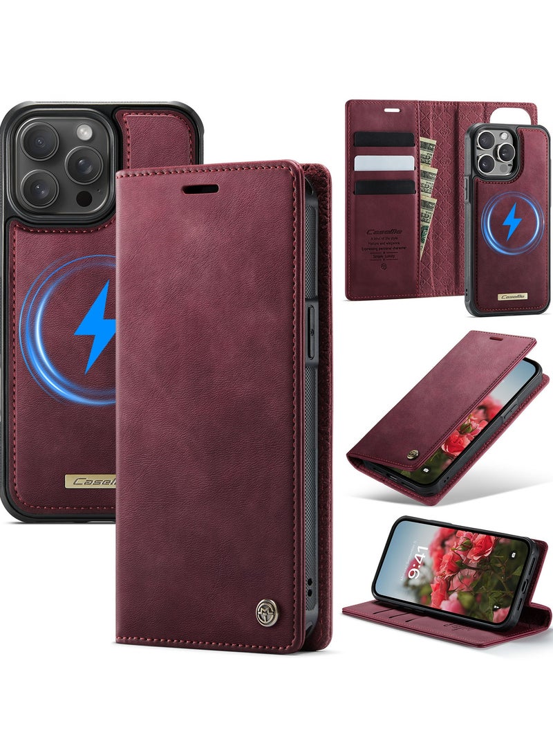 CaseMe Phone Case Cover Luxury PU Leather Design Flip Cover Card Slot Holder Support Magnetic wireless charging Back Cover detachable Compatible with IPhone 14 Pro Max  ( WineRed ) - Image 1