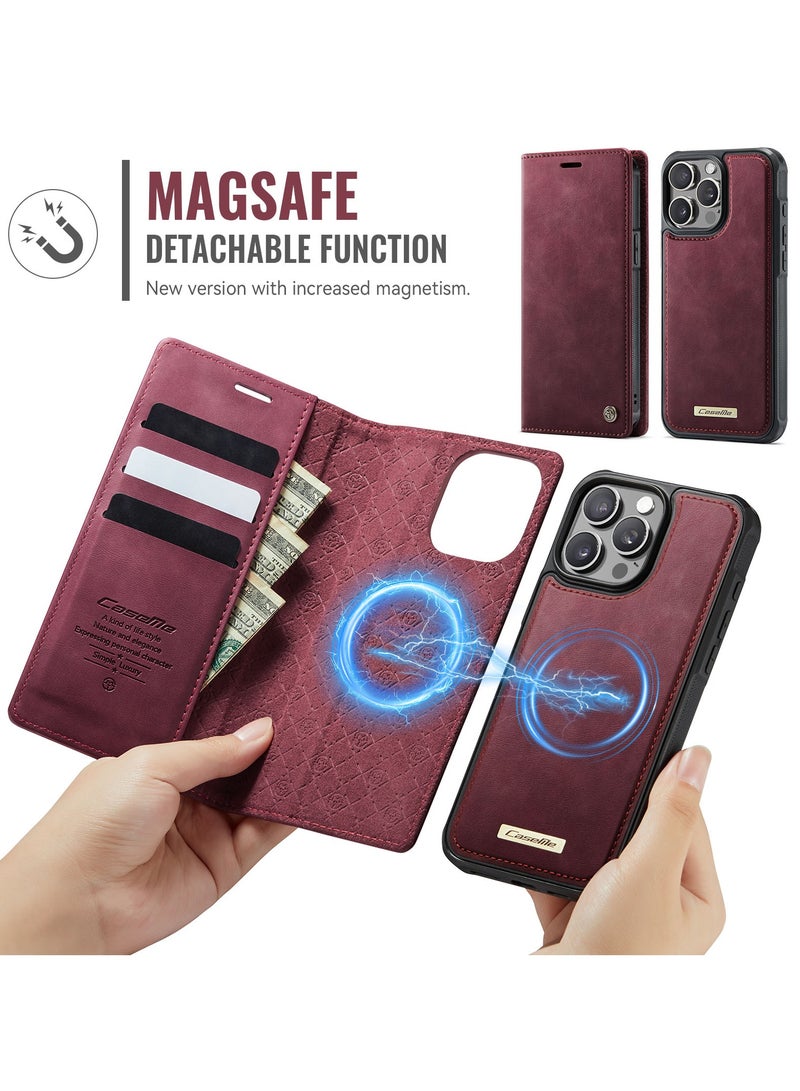 CaseMe Phone Case Cover Luxury PU Leather Design Flip Cover Card Slot Holder Support Magnetic wireless charging Back Cover detachable Compatible with IPhone 14 Pro Max  ( WineRed ) - Image 2