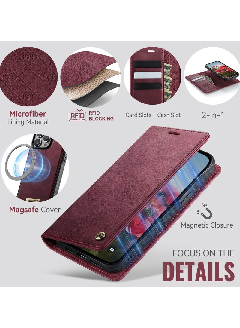 CaseMe Phone Case Cover Luxury PU Leather Design Flip Cover Card Slot Holder Support Magnetic wireless charging Back Cover detachable Compatible with IPhone 14 Pro Max  ( WineRed ) - Image 3