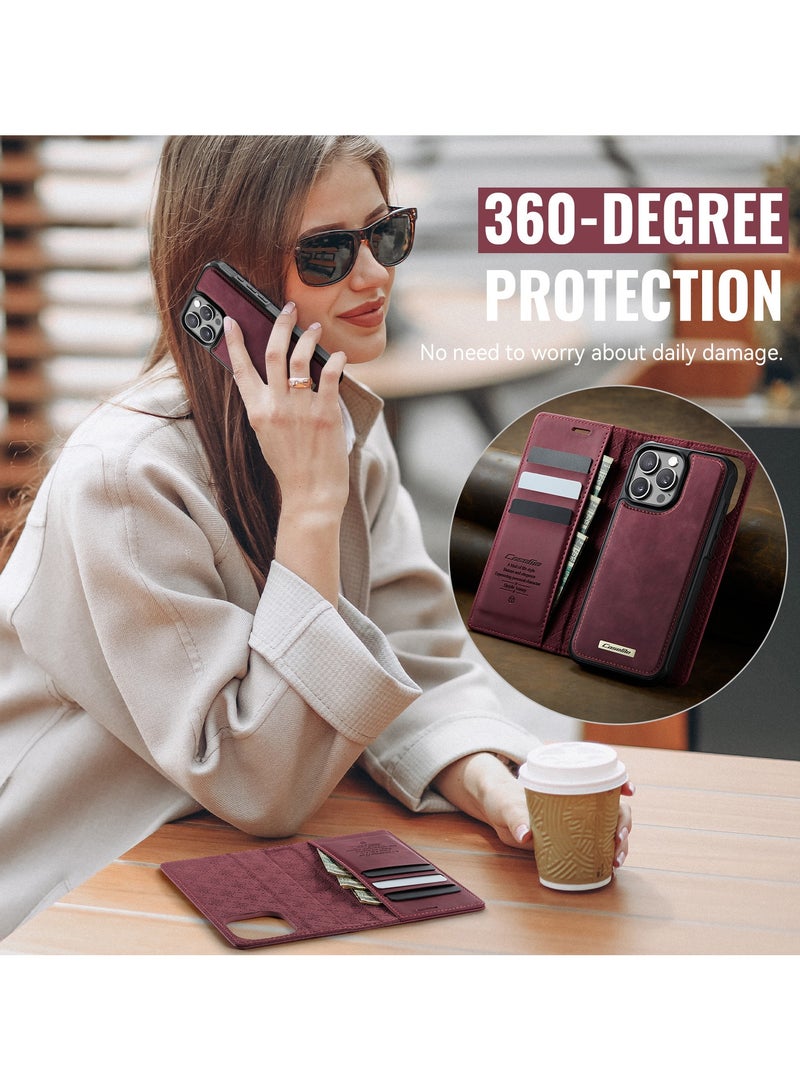 CaseMe Phone Case Cover Luxury PU Leather Design Flip Cover Card Slot Holder Support Magnetic wireless charging Back Cover detachable Compatible with IPhone 14 Pro Max  ( WineRed ) - Image 4