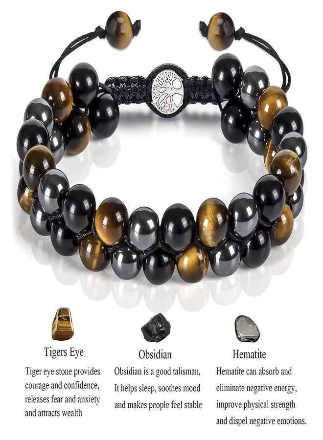 GRMIKBU Handmade Triple Protection Bracelet 10mm Hematite Black Obsidian Tiger Eye Stone Healing Crystal Beaded Bracelets for Men Women (10mm, Brown) - Image 3