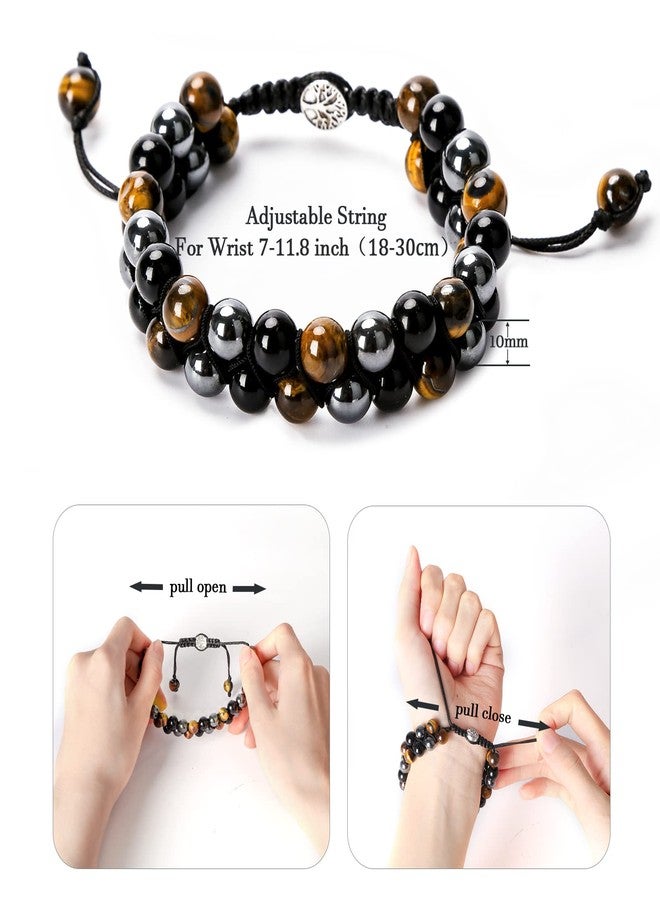 GRMIKBU Handmade Triple Protection Bracelet 10mm Hematite Black Obsidian Tiger Eye Stone Healing Crystal Beaded Bracelets for Men Women (10mm, Brown) - Image 2