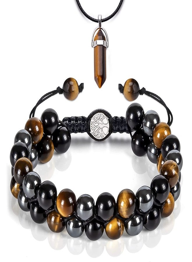 GRMIKBU Handmade Triple Protection Bracelet 10mm Hematite Black Obsidian Tiger Eye Stone Healing Crystal Beaded Bracelets for Men Women (10mm, Brown) - Image 1