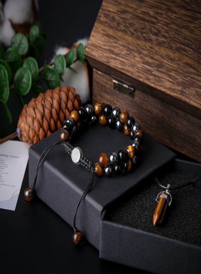 GRMIKBU Handmade Triple Protection Bracelet 10mm Hematite Black Obsidian Tiger Eye Stone Healing Crystal Beaded Bracelets for Men Women (10mm, Brown) - Image 5
