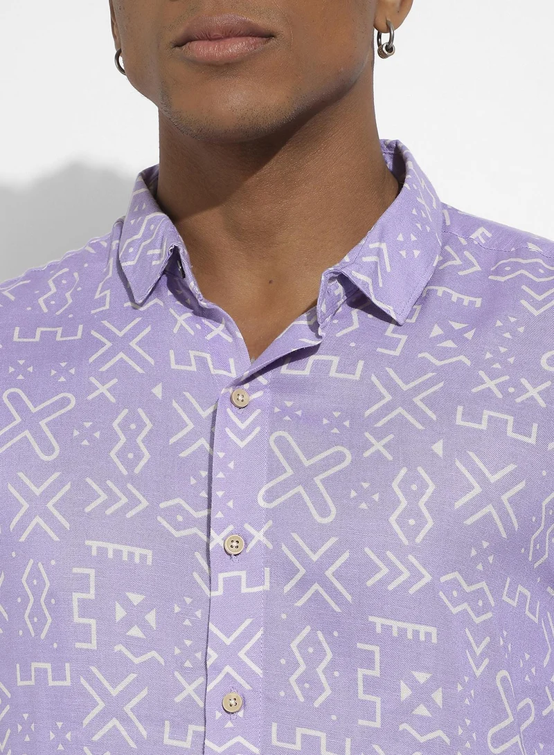 Campus Sutra Campus Sutra Men's Lavender Minimal Aztec Shirt For Casual Wear | Spread Collar | Long Sleeve | Button Closure | Heavy Rayon Shirt Crafted With Comfort Fit For Everyday Wear