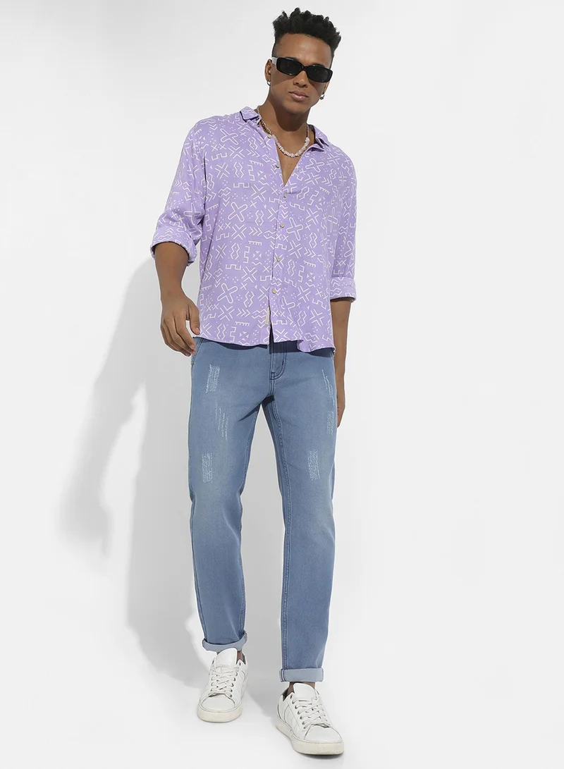 Campus Sutra Campus Sutra Men's Lavender Minimal Aztec Shirt For Casual Wear | Spread Collar | Long Sleeve | Button Closure | Heavy Rayon Shirt Crafted With Comfort Fit For Everyday Wear