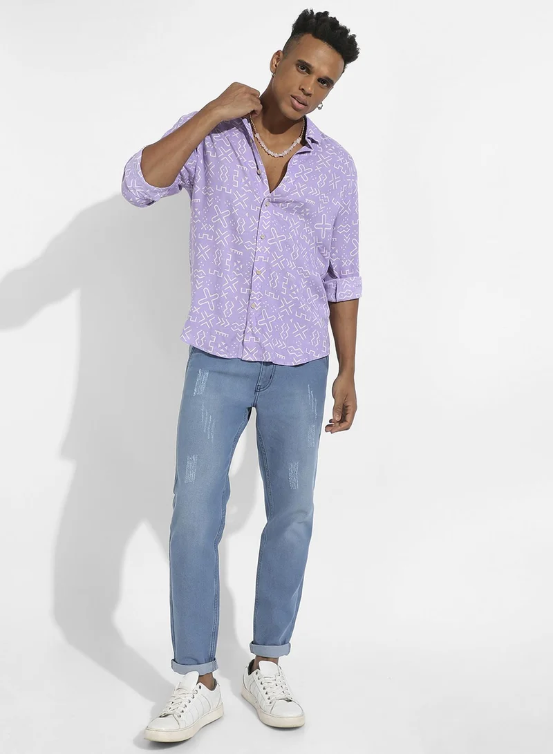 Campus Sutra Campus Sutra Men's Lavender Minimal Aztec Shirt For Casual Wear | Spread Collar | Long Sleeve | Button Closure | Heavy Rayon Shirt Crafted With Comfort Fit For Everyday Wear