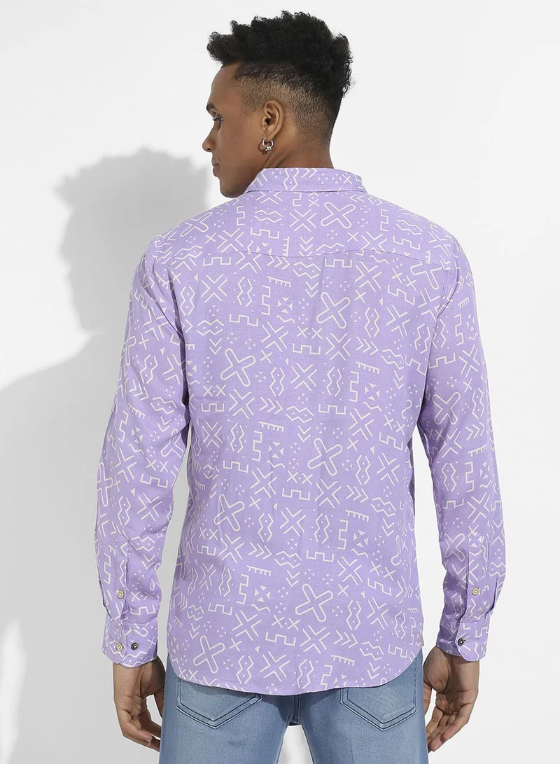 Campus Sutra Campus Sutra Men's Lavender Minimal Aztec Shirt For Casual Wear | Spread Collar | Long Sleeve | Button Closure | Heavy Rayon Shirt Crafted With Comfort Fit For Everyday Wear