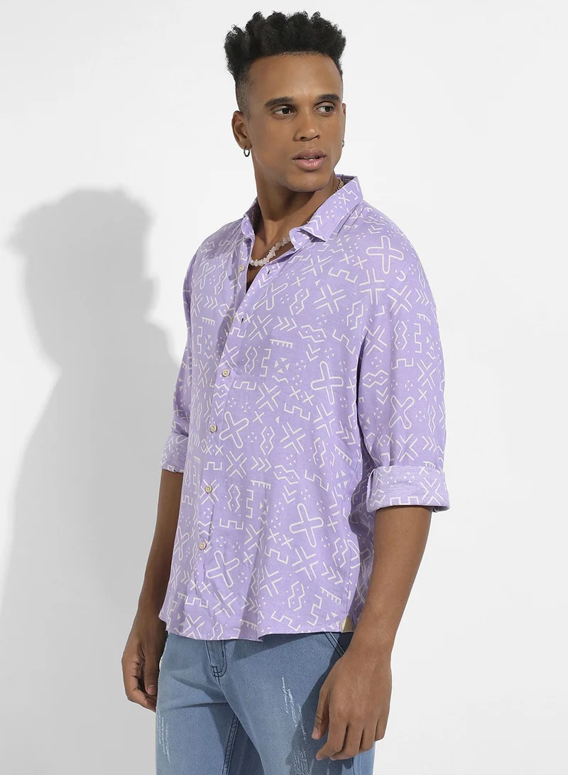 Campus Sutra Campus Sutra Men's Lavender Minimal Aztec Shirt For Casual Wear | Spread Collar | Long Sleeve | Button Closure | Heavy Rayon Shirt Crafted With Comfort Fit For Everyday Wear