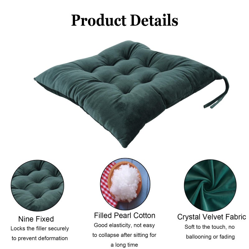 MissSoul 2 Pack Square Seat Cushion Chair Pads for Kitchen Dining Chairs  Soft Comfort Velvet Chair Mat Pillow Cushions with Ties for Office Desk Living Room Tatami 15.5 ""  Dark Green - Image 2