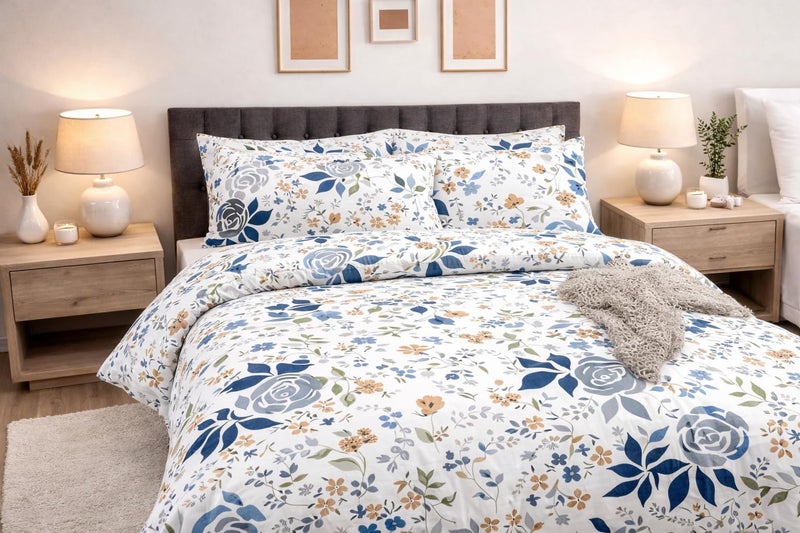 Cotton Duvet Cover with Pillowcases, Size 220 x 240 cm, Blue and Beige Floral Pattern, 3 Pieces, with Zipper, Anti-Pilling