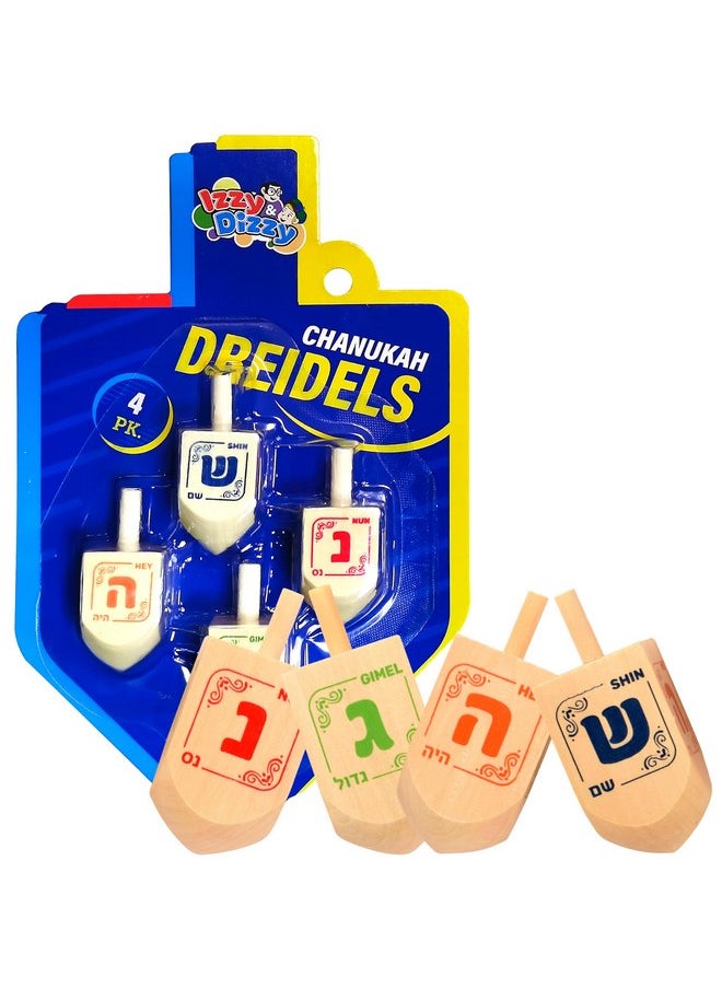 Izzy 'n' Dizzy Hanukkah Dreidels - Natural Wooden Dreidel - 4 Pack Medium  - Image 1