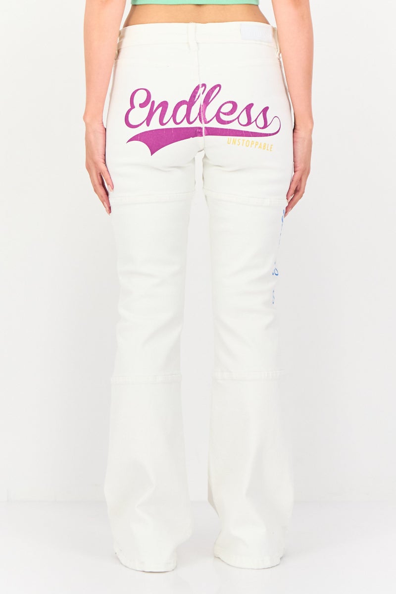 Bershka Women Flare Fit Graphic Print Stretchable Jeans, White - Image 3