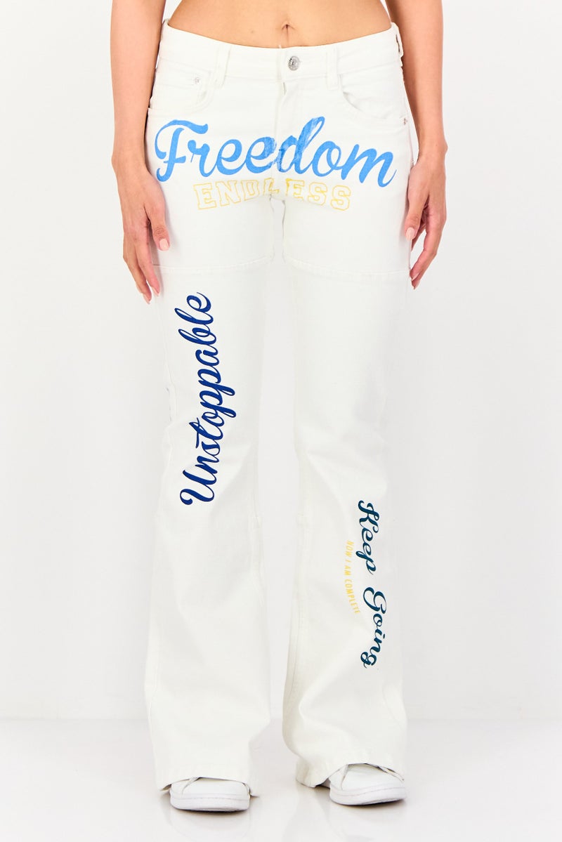 Bershka Women Flare Fit Graphic Print Stretchable Jeans, White - Image 1