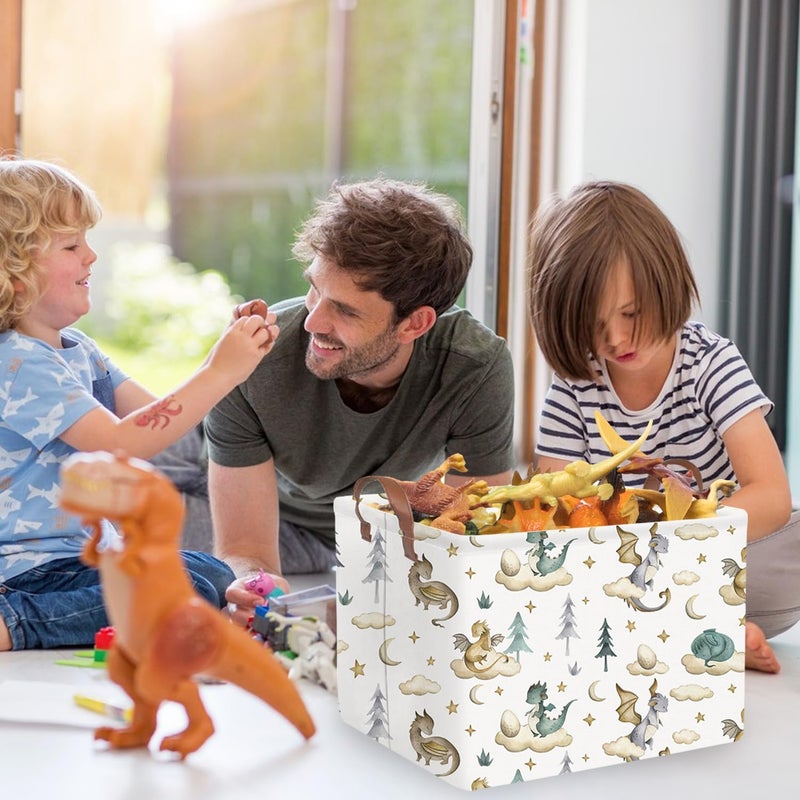 FXOCSHE Rectangular Dinosaur Baskets,Watercolor cute dragon fairy tale kids nursery basket,Cloud moon star dragon egg laundry basket for kid,Toys Box,Dinosaur Room Decor(Cute dinosaur) - Image 3