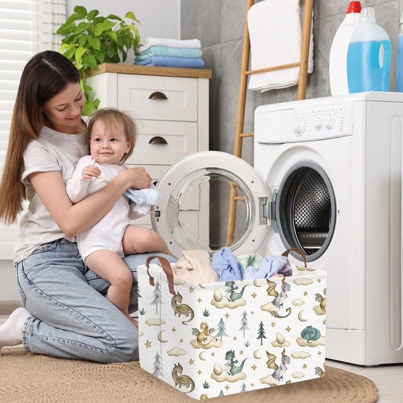 FXOCSHE Rectangular Dinosaur Baskets,Watercolor cute dragon fairy tale kids nursery basket,Cloud moon star dragon egg laundry basket for kid,Toys Box,Dinosaur Room Decor(Cute dinosaur) - Image 5