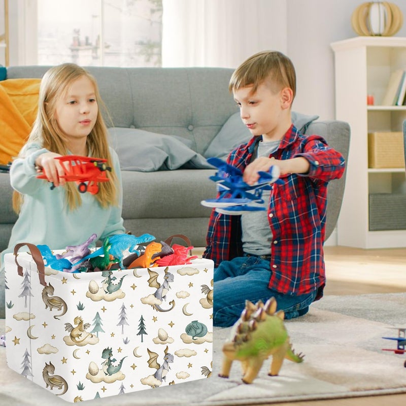 FXOCSHE Rectangular Dinosaur Baskets,Watercolor cute dragon fairy tale kids nursery basket,Cloud moon star dragon egg laundry basket for kid,Toys Box,Dinosaur Room Decor(Cute dinosaur) - Image 4