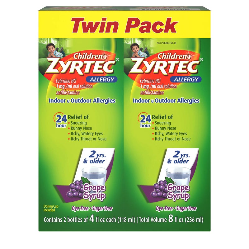 Zyrtec 24 Hr Children's Allergy Syrup with Cetirizine, Sugar-Free Grape, Twin Pack of 4 fl. oz - Image 1