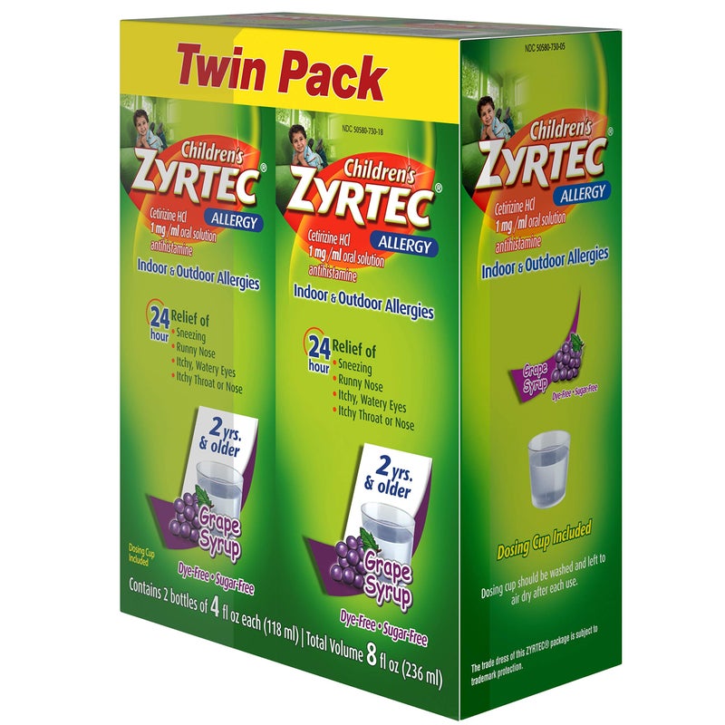 Zyrtec 24 Hr Children's Allergy Syrup with Cetirizine, Sugar-Free Grape, Twin Pack of 4 fl. oz - Image 2