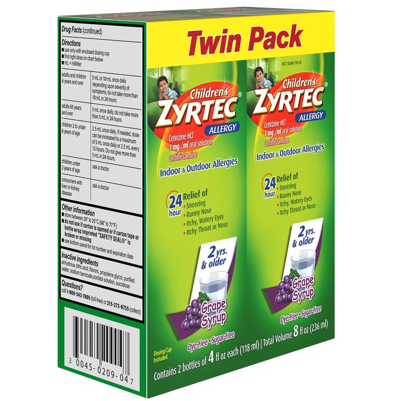 Zyrtec 24 Hr Children's Allergy Syrup with Cetirizine, Sugar-Free Grape, Twin Pack of 4 fl. oz - Image 4