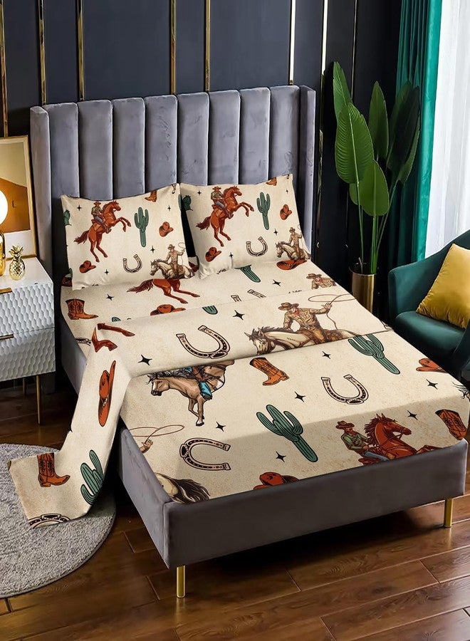 XYNHML Western Cowboy Horse Sheet 4Pcs Twin Wrangler Cactus Bedding Set for Teen Girl Boy Adult Horseshoe Riding Boots Bed Decor Brown Vintage Sheet with 1 Flat Sheet and 1 Fitted Sheet+2 Pillowcases - Image 3