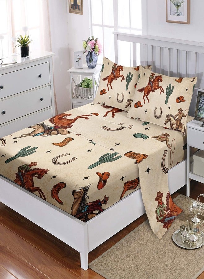 XYNHML Western Cowboy Horse Sheet 4Pcs Twin Wrangler Cactus Bedding Set for Teen Girl Boy Adult Horseshoe Riding Boots Bed Decor Brown Vintage Sheet with 1 Flat Sheet and 1 Fitted Sheet+2 Pillowcases - Image 2
