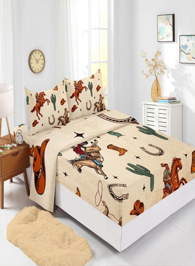 XYNHML Western Cowboy Horse Sheet 4Pcs Twin Wrangler Cactus Bedding Set for Teen Girl Boy Adult Horseshoe Riding Boots Bed Decor Brown Vintage Sheet with 1 Flat Sheet and 1 Fitted Sheet+2 Pillowcases - Image 1
